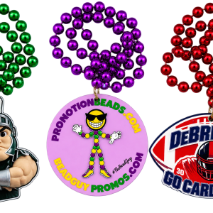 Custom shape 6 inch PVC medallions on green, purple and red Mardi Gras bead strands by PromotionBeads.com